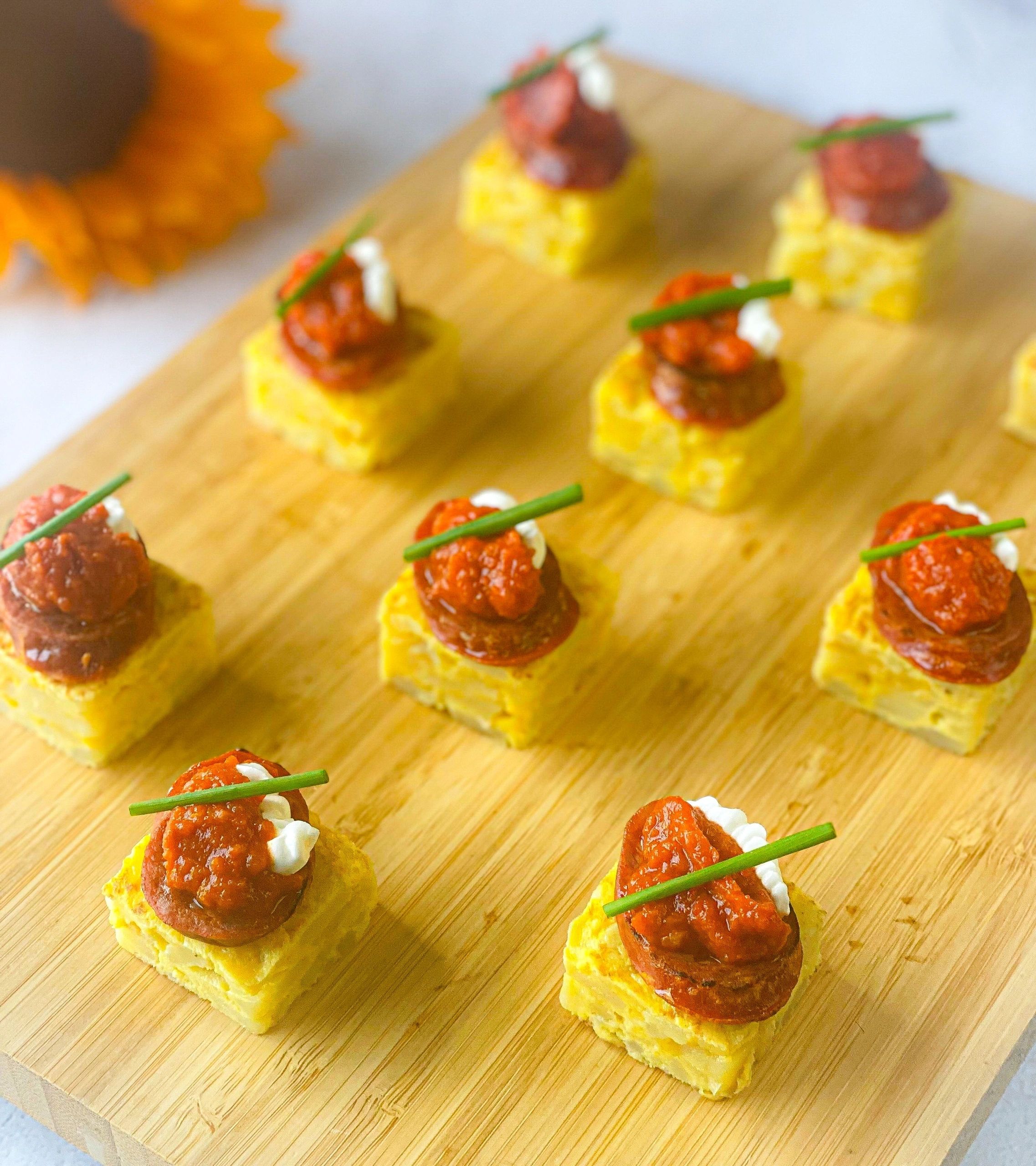 Spanish Tortilla Tapas Bites with Chorizo & Bravas Sauce