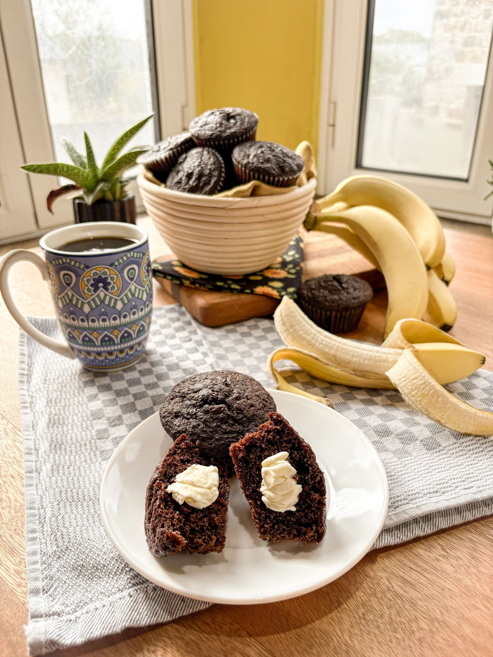 Dark and Utterly Delicious Banana Chocolate Chocolate Chip Muffin
